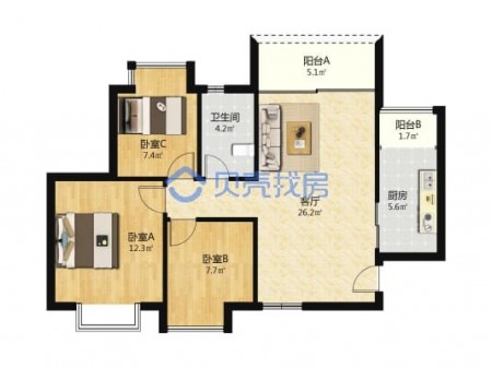 南北通透三房 地铁口花园2222